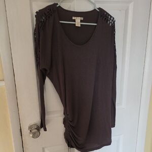 Gold Hawk Long Sleeve Brown Top. Shoulder Detail & Ruching Up Side. Bamboo/Silk